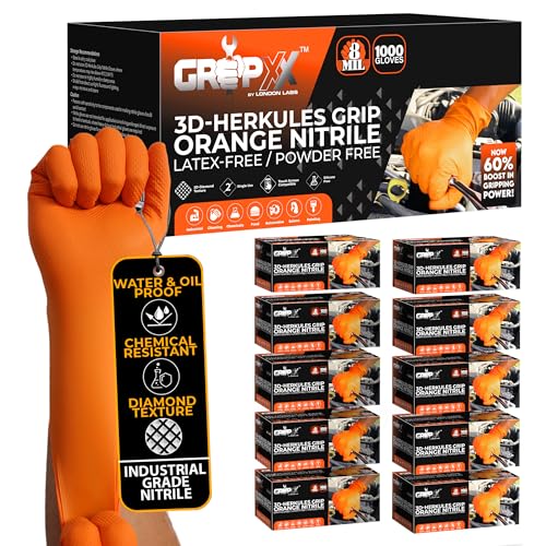 GRIPXX Herkules Grip Heavy Duty 8Mil Orange Nitrile Gloves,3D Raised Diamond Texture-Latex & Powder Free-Industrial, Mechanic (10, Small) - size: Small, style: Orange - 1000 Count