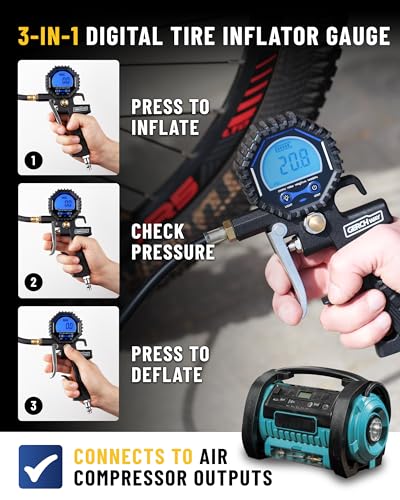Presta Valve Adaptor with Pressure Gauge and Inflator for Air Compressor | 3-200 PSI, ±1% Accuracy, Longer Hose, Digital, Schrader to Presta Valve Air Chuck