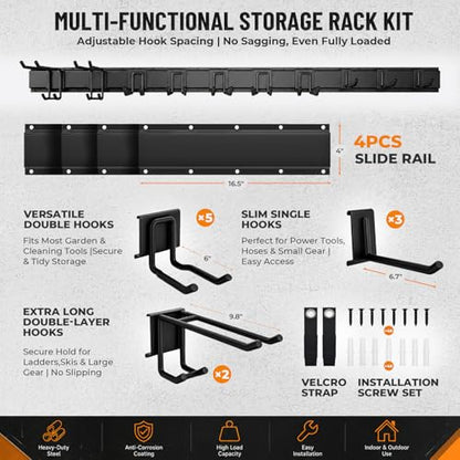 66" Heavy Duty Garage Tool Organizer Wall Mount, Steel Garage Storage Rack Holds up to 900 lbs with Adjustable Hooks, Wall Mounted Tool Organizer for Garage, Shed & Yard, 4 Panels, 10 Hooks & 2 Straps - size: 66"|4 Panels+10 Hooks+2 Straps