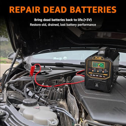 PLXX 12V 24V 0-15A Automatic Car Battery Charger Heavy Duty, Smart Trickle Charger, Battery Repairer with Auto Shut-Off, for Car Truck Motorcycle Boat RV Lawn Mower AGM Gel Wet MF Deep Cycle