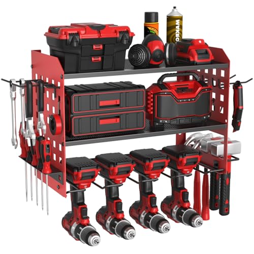 SUNALLY Power Tool Organizer, Heavy Duty Wall Mount Tool Organizer 3 Layers with 4 Drill Holders, Garage Tools Storage Rack with 2 Side Pegboards and Hooks for Workshop, Shed, Red - style: 4 Drill Holders D