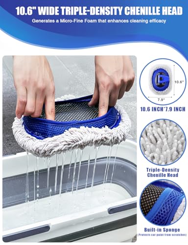 15°Curved Car Wash Brush with Long Handle Kit, 55-Inch 4-Section Extendable Pole with Replacement Head, Chenille Mitt, Tire & Wheel Hub Brushes, Towel, Storage Bag for Car, RV, Truck [Scratch Free]