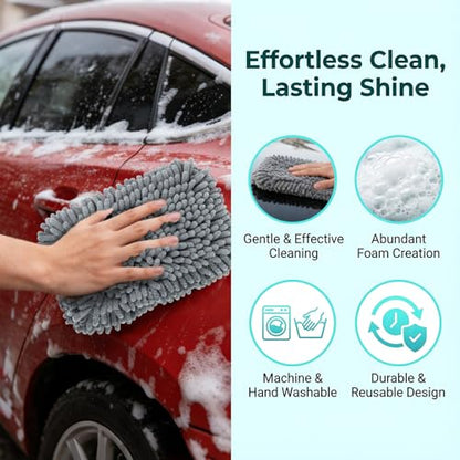 RAINFLOW Microfiber Car Wash Pads 2 Pack - Chenille Cleaning Cloths for Car | Gray Soft Absorbent Wash Mitt Pads for Gentle Cleaning, Reusable Auto Detailing Supplies for Motorcycles Boats
