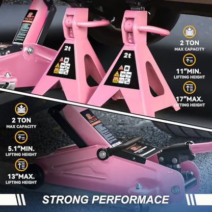 Auto Dynasty 2 Ton Floor Jack with Jack Stands, Heavy Duty Steel Hydraulic Racing Floor Jack with Single Piston Quick Lift Pump, Hydraulic Trolley Service Car Jack, Pink - color: Pink