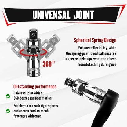 YIYITOOLS 25Pcs Drive Tool Accessory Kit, 1/4" 3/8" 1/2" Socket Accessories, Extension Bar, Adapter, Universal Joint & T-Bar, Professional CR-V Steel Construction - size: 25Pcs (Tool Accessory)