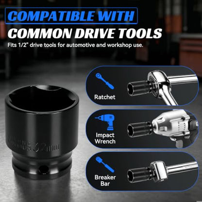 2PCS 32mm Impact Socket 1/2" Drive, 6 Point Metric Shallow Socket, CR-V Steel Heavy Duty Impact Wrench Socket for Automotive Repair - size: 32mm
