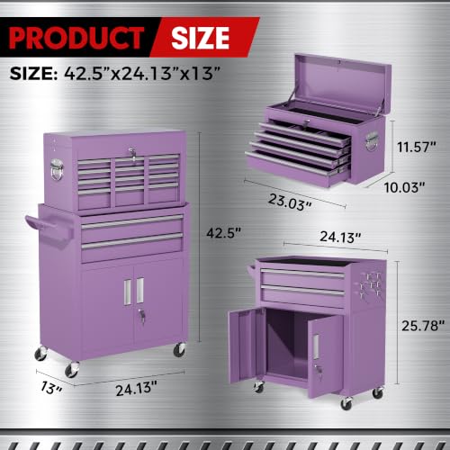 INTERGREAT 8 Drawers Tool Chest, 42'' Large Rolling Tool Chest with Drawers, Detachable Top Tool Box, Tool Cabinet for Repair Room,Warehouse, Rolling Tool Box with Hooks,Tray Divider,Liners(Purple) - color: Purple, size: 8 Drawers