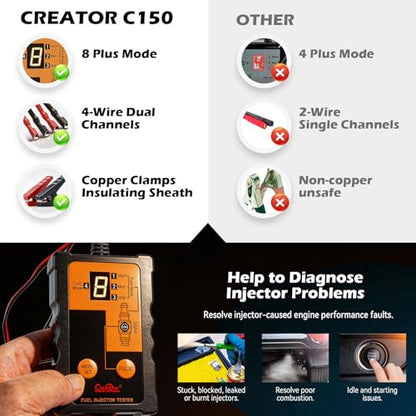 Creator Fuel Injector Testing and Cleaning Tool Kit, 8 Pulse Modes, 4-Wire Dual-Channel Simultaneous Testing, 8 Adapter Sizes, 12V/5V Output for DIY Auto Repair