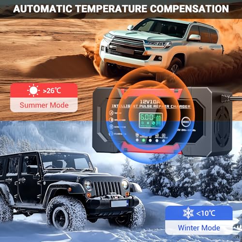 Battery Charger 10A 12V Fully Automatic Smart Car Battery Charger with LCD Display & Temperature Compensation for Car Motorcycle Vans - color: Black
