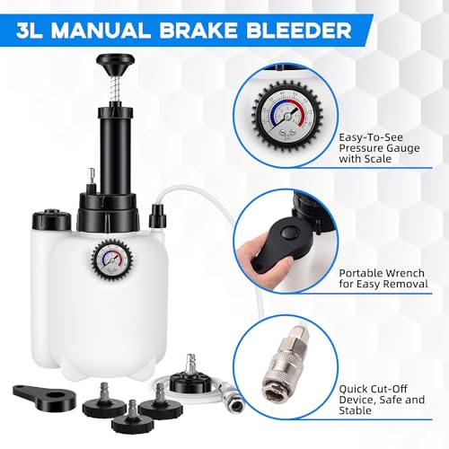Reniteco 3L Brake Bleed Kit Manual Brake Bleed Fluid Pump One Person Brake Bleed Vacuum Pump Kit with 1L Brake Fluid Bleed Bottle and 4 Master Cylinder Adapters