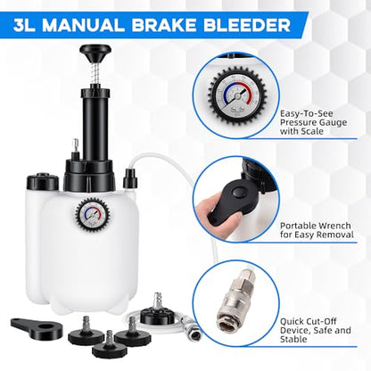 Reniteco 3L Brake Bleed Kit Manual Brake Bleed Fluid Pump One Person Brake Bleed Vacuum Pump Kit with 1L Brake Fluid Bleed Bottle and 4 Master Cylinder Adapters