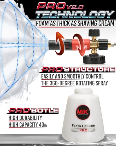 MJJC Foam Cannon Pro V2.0 (Thicker Snow Foam Technology) with 1/4 Inch Quick Connector for Pressure Washer, 40 oz Bottle (Pro V2.0 (1/4" Quick Connector) + SOAP Sample)