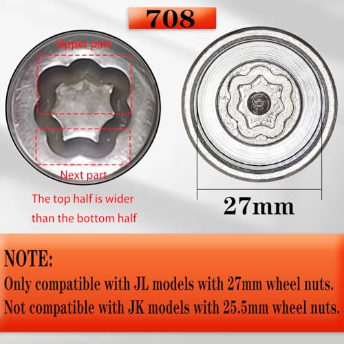 JL 708 for 27mm Nuts, Wheel Locking Nut Key for Jeep (JL) Dodge | Wheel Lock Nut Socket Adapter, Anti-Theft Lug Nut Removal Tool, Anti-Theft Screw Remover, Repair Tool, Tyre Fitting, garage - size: 708