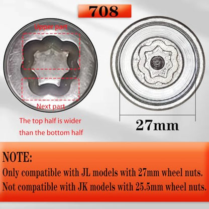 JL 708 for 27mm Nuts, Wheel Locking Nut Key for Jeep (JL) Dodge | Wheel Lock Nut Socket Adapter, Anti-Theft Lug Nut Removal Tool, Anti-Theft Screw Remover, Repair Tool, Tyre Fitting, garage - size: 708