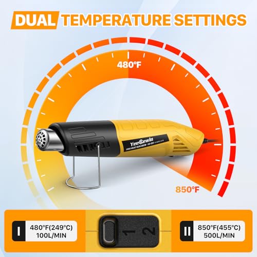 Mini Heat Gun 380W Fast Heat Hot Air Gun 2-Temp Settings 480°F-850°F(249°C-455°C) With Overheat Protection Reflector Nozzle, 4.9Ft Cable for Shrink Wrap, Vinyl, Crafts, Epoxy Resin (Yellow) - color: Yellow