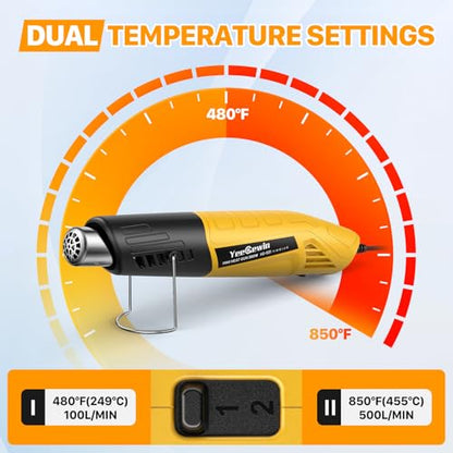 Mini Heat Gun 380W Fast Heat Hot Air Gun 2-Temp Settings 480°F-850°F(249°C-455°C) With Overheat Protection Reflector Nozzle, 4.9Ft Cable for Shrink Wrap, Vinyl, Crafts, Epoxy Resin (Yellow) - color: Yellow