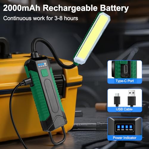 LED Work Light with 360° Flexible Gooseneck, Rechargeable 2000mAh Magnetic Mechanic Light, 5 Modes COB Inspection Lamp with Hook, USB-C Portable Flashlight for Auto Repair, Camping, Workshop