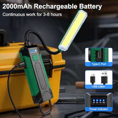 LED Work Light with 360° Flexible Gooseneck, Rechargeable 2000mAh Magnetic Mechanic Light, 5 Modes COB Inspection Lamp with Hook, USB-C Portable Flashlight for Auto Repair, Camping, Workshop