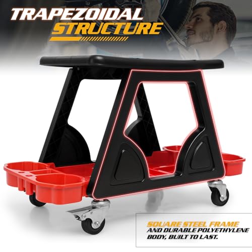 Magshion Garage Creeper Seat with Tool Holder, 300 lbs Capacity Rolling Mechanic Stool, Lightweight Plastic Workshop Chair on Wheels for Auto Repair, Car Detailing & Shop Use (Red)