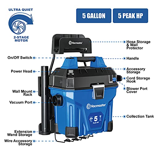 Vacmaster VWMB508 0101 5 Gallon Wall-Mount Wet/Dry Vacuum with Remote Control Operation - color: Blue