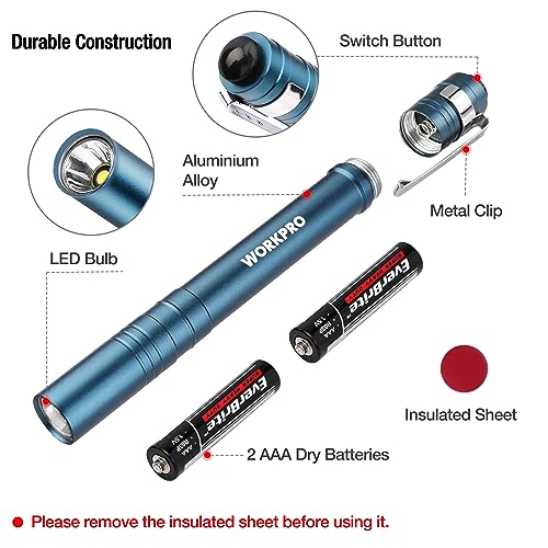 WORKPRO LED Pen Light, Aluminum Pen Flashlights, Pocket Flashlight with Clip for Inspection, Emergency, Everyday, 2AAA Batteries Included, Blue (4-Pack) - color: Blue