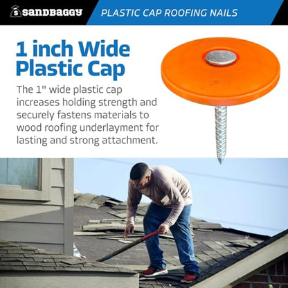 Sandbaggy 1" Plastic Cap Roofing Nails - Ring Shank, Electro Galvanized - Roof Underlayment, Felt Paper, House Wrap, Tar Paper (300)