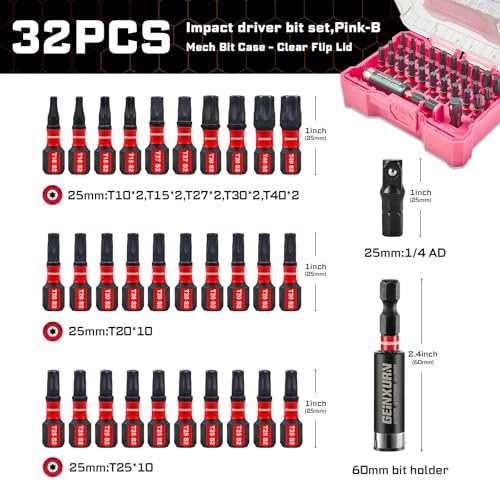 Geinxurn 32Pieces Impact Screwdriver Bits Set, S2 Steel Torx Muliti Insert Bits Tips Set with Impact Bit Holder and 1/4”Socket Adapter(Pink Storage Box Case) - style: FQ032025-BPK