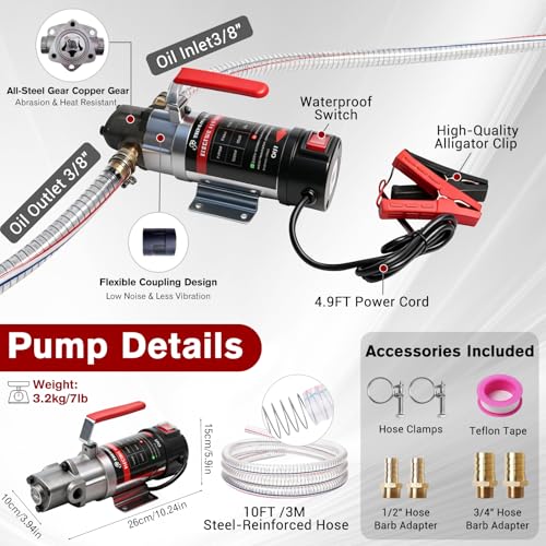 24V Heavy-Duty Gear Pump, 3.2 GPM High Flow Oil Change Pump with Steel Wire Hose, Oil Transfer Pump for Viscous Liquids, Fluid Transfer in Mechanical Equipment for Home Business Farm Boat