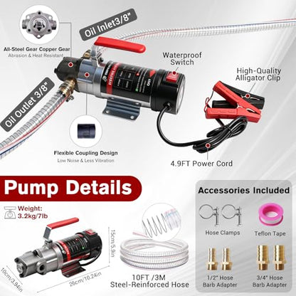 24V Heavy-Duty Gear Pump, 3.2 GPM High Flow Oil Change Pump with Steel Wire Hose, Oil Transfer Pump for Viscous Liquids, Fluid Transfer in Mechanical Equipment for Home Business Farm Boat