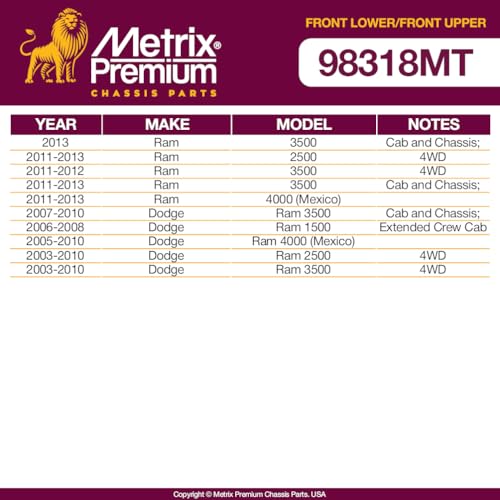 Metrix Premium Chassis Parts - 4 PC Front Lower & Upper Ball Joint Kit Fits 13 Ram 3500 4WD, 11-13 2500 4WD, 11-12 3500 4WD, 11-13 Ram, 03-10 Dodge Ram 3500, Replacement K7460, K7467, Made in Europe