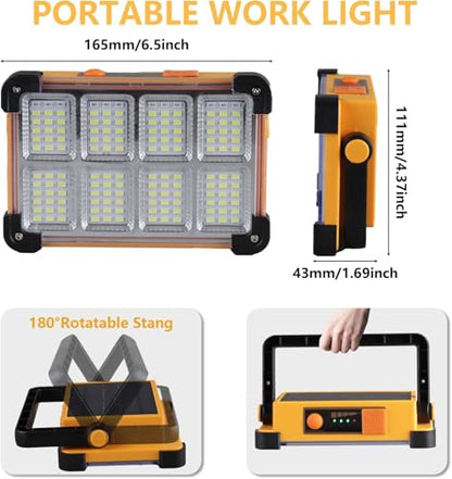 2 Pack 120W Solar Rechargeable Work Light, 144 LED 10000LM Portable Flood Light with Stand, IP66 Waterproof 4 Modes LED Job Site Lighting Flashlights for Mechanic Camping Fishing Car Repair - style: Yellow 2 Pack