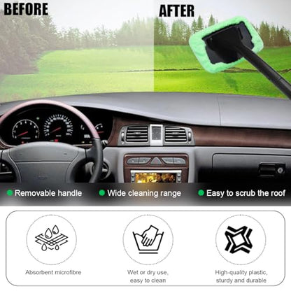 Car Windshield Cleaning Tool, Microfiber Auto Window Cleaner with 4 Cloth Pads & Long Handle, Reusable Window Cleaning Tool Kit for RV SUV Truck, Car Accessories (Green) - color: Green+Gray+Blue+Orange