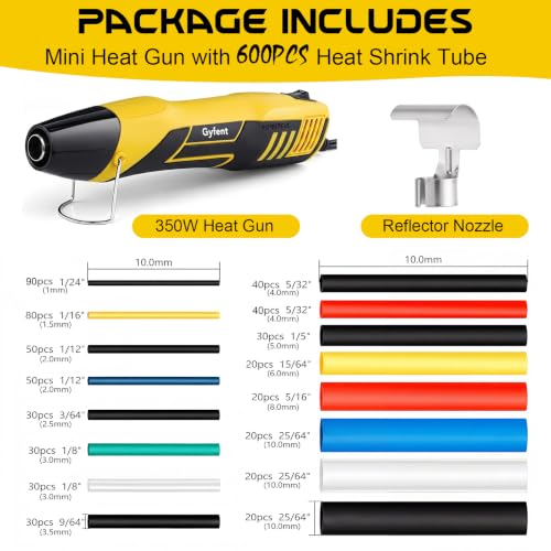 600Pcs Heat Shrink Tubing Kit with 350W 2-Temp Mini Heat Gun (5FT) | 2:1 Wire Shrink Wrap Tubing for Wiring Repair Automotive DIY Wiring Repair Crafting Embossing 5FT Power Cord