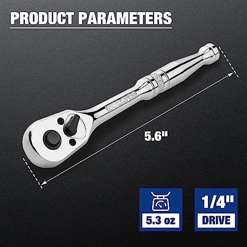 WORKPRO 1/4-Inch Drive Ratchet, Quick-Release 72-Tooth Ratchet Wrench | Reversible Ratchet Wrench Handle, Chrome Alloy Made, Cr-Mo Head, Full Polished - size: 1/4"