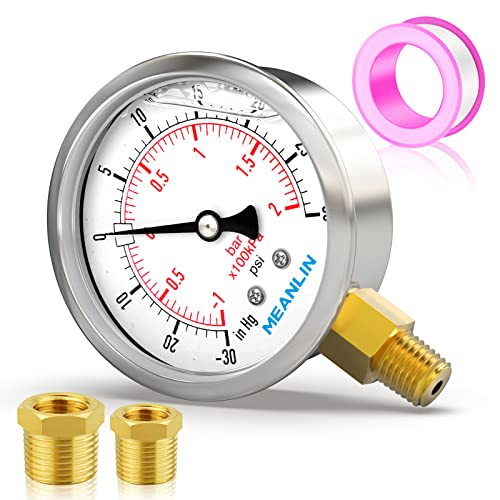 MEANLIN MEASURE -30inHG~30Psi Stainless Steel 1/8" NPT 2.5" FACE DIAL Vacuum Pressure Gauge, Lower Mount, with 1/4" NPT and 3/8" NPT Hex Bushing - size: -30inHG-30Psi
