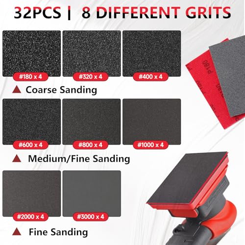 32 PCS Sanding Sponge Assortment, 180-3000 Grit Soft Sandpaper Block | 3 x 4 Inch, Hook and Loop, Wet and Dry Use, Washable and Reusable, Tear-Resistant Polishing Pads for Metal Auto Paint Wood - style: 32Pcs MixGrit