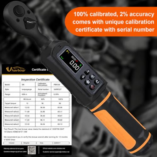 Uharbour Digital Torque Wrench 3/8" Drive, 0.66-44.29Ft.lbs/0.9-60Nm Range, Electric Torque Wrench with Dual Direction Ratchet, ±1% Accuracy with Vibration, Buzzer and LED Alert - size: 3/8" Drive 0.66-44.29 ft.lbs