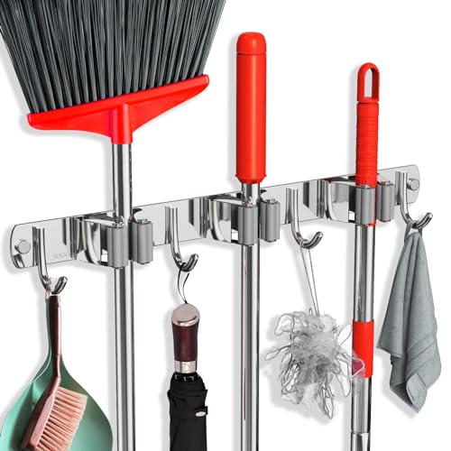 Mop and Broom Holder Wall Mount, Upgraded Broom Hanger Wall Mount, Stainless Steel Broom Organizer for Closet Garage Laundry Room Kitchen Wall Decor(3Racks 4Hooks Silver) - color: Silver, size: 3Racks 4Hooks