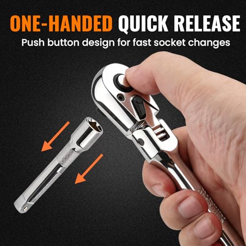 Flex Head 3/8" Drive Ratchet Wrench, 90T Long Reach Ratchet, Quick-Release Reversible with Cr-Mo Head and 6" Extension Bar for Tight Spaces & Automotive Repair - size: 3/8"