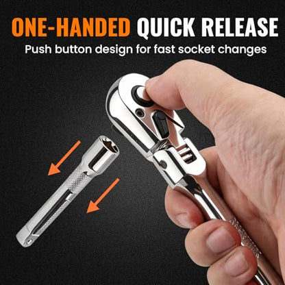 Flex Head 3/8" Drive Ratchet Wrench, 90T Long Reach Ratchet, Quick-Release Reversible with Cr-Mo Head and 6" Extension Bar for Tight Spaces & Automotive Repair - size: 3/8"