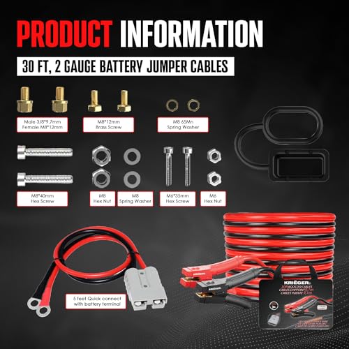 KRIEGER Jumper Cables 100% Pure Copper, 30 Feet, 2 Gauge, 1000 Amp Custom-Made Alligator Clamps, Booster Battery Cables w/Permanent Installation Kit & Quick Connect Plugs - Carrying Bag Included - size: 30-Feet (2-Gauge)