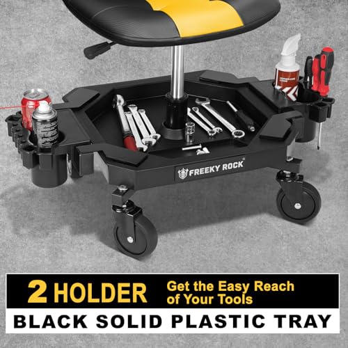 Rolling Stool with Wheels, Adjustable Height Pneumatic Garage Work Mechanic Stool Seat with Backrest, 400 LBS Capacity 360° Swivel Mechanic Crepper Chair with Tool Tray Storage, Yellow - color: Yellow