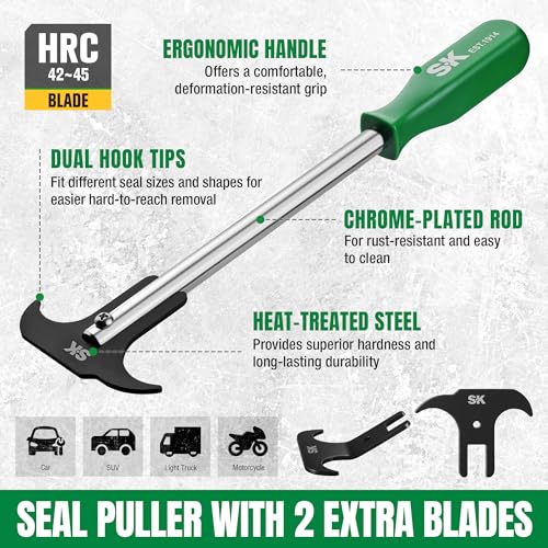 SK Seal Puller with 2 Extra Blades, Includes Straight & Offset Hook | Heat Treated Steel, Dual Hook Tips for Oil and Grease Seal Removal, for Cars, Suvs, Light Trucks and Motorcycle