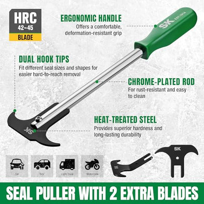 SK Seal Puller with 2 Extra Blades, Includes Straight & Offset Hook | Heat Treated Steel, Dual Hook Tips for Oil and Grease Seal Removal, for Cars, Suvs, Light Trucks and Motorcycle
