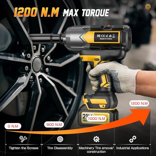 Cordless Impact Wrench 1200 N.m (900Ft-lbs), 1/2 inch Brushless Impact Gun with 2 x 4,0 AH Battery, 5 Sockets & Storage Case, 1 Converter 3/4", 1 Extension, 3 Rubber Rings, for Car/Truck/Home