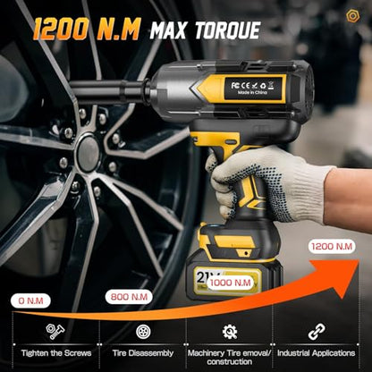 Cordless Impact Wrench 1200 N.m (900Ft-lbs), 1/2 inch Brushless Impact Gun with 2 x 4,0 AH Battery, 5 Sockets & Storage Case, 1 Converter 3/4", 1 Extension, 3 Rubber Rings, for Car/Truck/Home