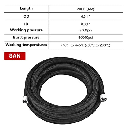 8AN 20FT PTFE Fuel Line Hose, E85 Stainless Steel Nylon Braided Fuel Hose Compatible with all Automotive Fuels, Lubricants, and Coolant - Black - color: Black, size: 8AN-20FT