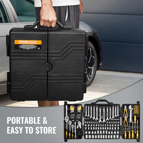 VEVOR Mechanics Tool Set 207 Pieces 1/4" 3/8" 1/2" Drive Sockets -SAE and Metric Mechanic Tool Kit with Bits - Wrenches, Ratchet Handle, Accessories, and Plastic Storage Case - for Automotive Repair - size: 1/4"&3/8"&1/2", style: 207 PCS