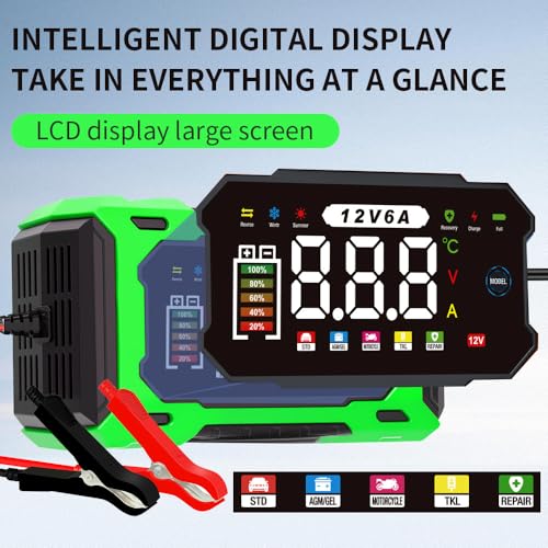 6-Amp 12V Smart Car Battery Charger, Battery Maintainer Trickle Charger with Desulfator, Pulse Repair & Overcharge Protection - for Car Lawn Mower Marine Lead-Acid Batteries (Green) - color: Green