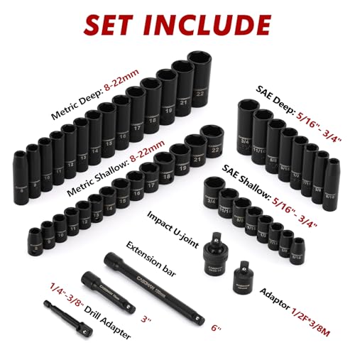CASOMAN 3/8" Drive Impact Socket Set, 49 Piece Standard SAE and Metric Sizes (5/16-Inch to 3/4-Inch and 8-22 mm), 6 Point, Cr-V Steel Socket Set - size: ‎3/8"Drive 48pcs Impact Master Socket Set